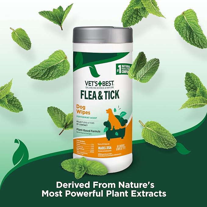 Vet’s Best Natural Flea and Tick Wipes for Dogs, Plant-Based Wipes for Flea and Tick Prevention Certified Essential Oils, Pest Control for Kennels and Home Use, Made in USA, 50 Count