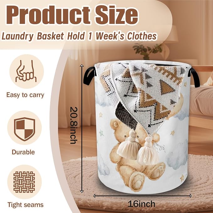 Cute Bear Laundry Basket,Waterproof Foldable Laundry Hamper,Dirty Clothes Laundry Basket, Linen Bin Storage Organizer Collection 16" x 20.8"