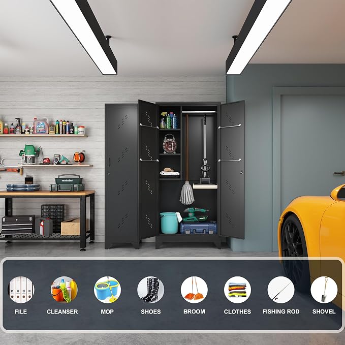 Metal Storage Cabinet, 75" Cleaning Tool Cabinet with Locking Door, Tall Storage Sheds Tool Organizer, Large Broom Cabinet for Bathroom, Laundry Room, Kitchen, Pantry, and Humid Environments