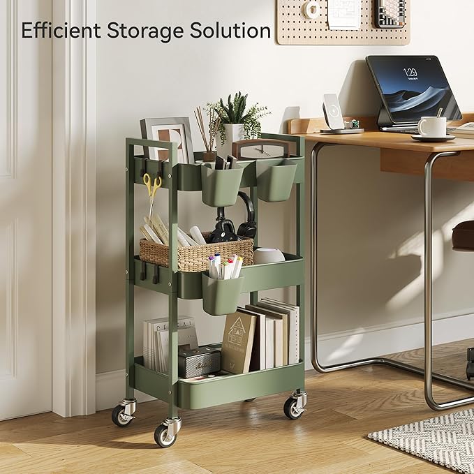 Nunsino 3 Tier Rolling Cart,Utility Cart with Locking Wheels, Hanging Cups,&Hooks, Heavy Duty Metal Storage Organizer Cart for Kitchen,Office, Bathroom,Craft Room,Green