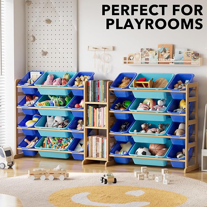 SpaceAid Large Toy Storage Organizer with 24 Bins and 3 Shelves, Toy Organizers Storage Bookshelf, Kids Bin Shelf Box Bookcase for Bedroom Playroom Organization Room Decor, Blue and Navy Blue
