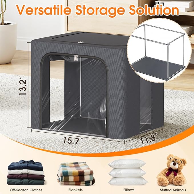 Metal Frame Clothes Storage Bins, Light Grey, 40L, 4 Pack | Foldable Storage Boxes with Clear Window, Front & Top Zipper Openings, Stackable Organizer with Handles for Closet & Bedroom