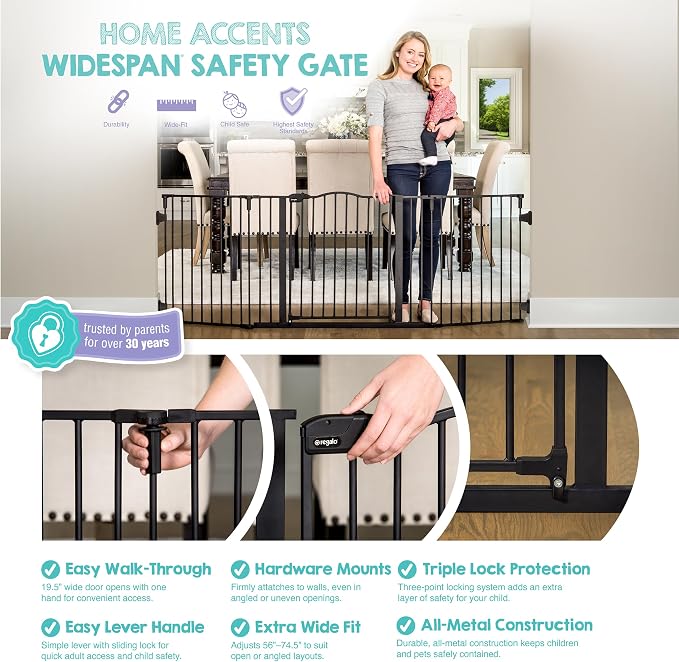 Regalo Safety 56"-74.5" Super Wide Configurable Baby Gate | Hardware Mounted, For Doorways & Open Spaces, For Babies, Toddlers & Pets, Black, Tested & Trusted for 30 Years