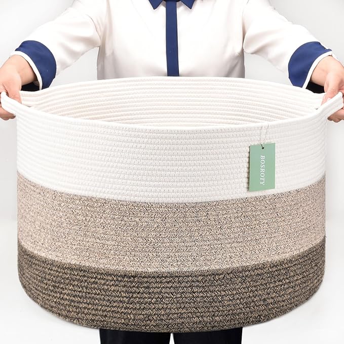Cotton Rope Blanket Basket, 87L Laundry Hamper, White & Ombre Brown