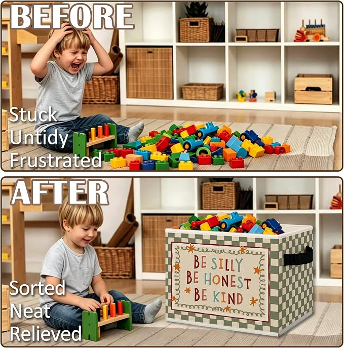 Inspirational Kids Cube Storage Bins with Handles, Be Silly Honest Kind Nursery Collapsible Fabric Storage Basket Boxes Books Clothes Organizer for Girls Boys Room Bedroom Playroom