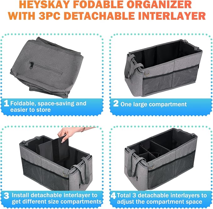HEYSKAY Backseat Car Organizer Car Caddy Passenger Seat Organizer for Kids | Collapsible Small Car Storage, Console Front Seat Car Organizer for Truck, SUV and Minivan, Adjustable Compartment Space