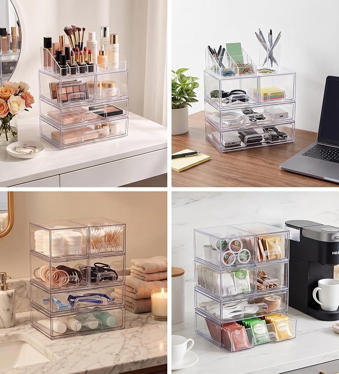 6-Pack Stackable Storage Drawers with Labels - Clear PET Pull-Out Organizer Bins for Pantry, Bathroom, Vanity, Cabinet, Countertop | Baby Bottle Organizer