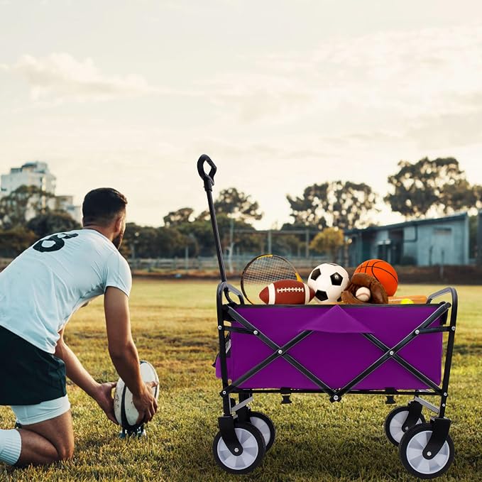 Collapsible Folding Outdoor Utility Wagon, Strap Collapsible Foldable Wagon Cart with Strapping System, Supports 225lbs (Purple)