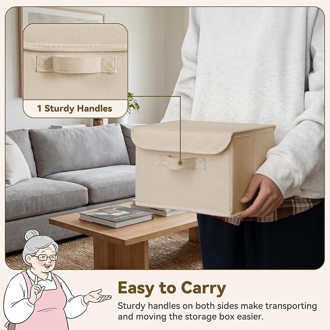 GRANNY SAYS Memory Keepsake Storage Box, Fabric Storage Bins with Lids | Flip-Top Lid, Collapsible, Stackable, 3 Handles, Ideal for Closet Clothes Blanket Toys, Small, Khaki, 2-Pack