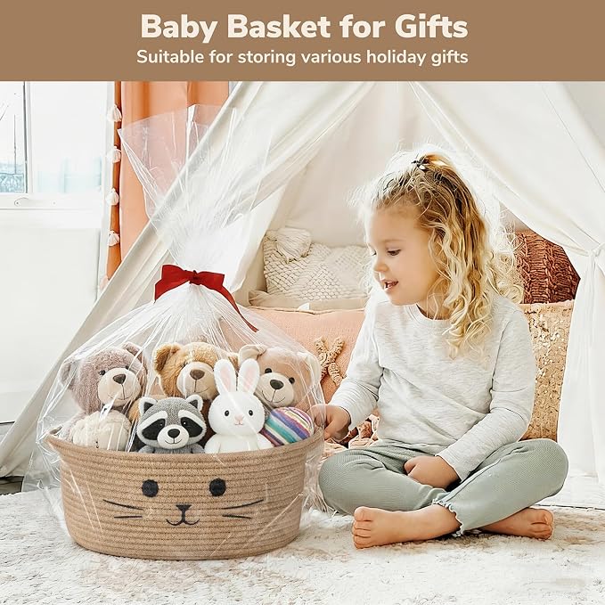 Medium Woven Rope Cat Toy Basket with Cat Face, Jute | 13.8" x 6" Cat Toy Storage Bin for Living Room & Nursery, Pet Gift Basket Empty with Sturdy Handles, Cozy Cats Bed