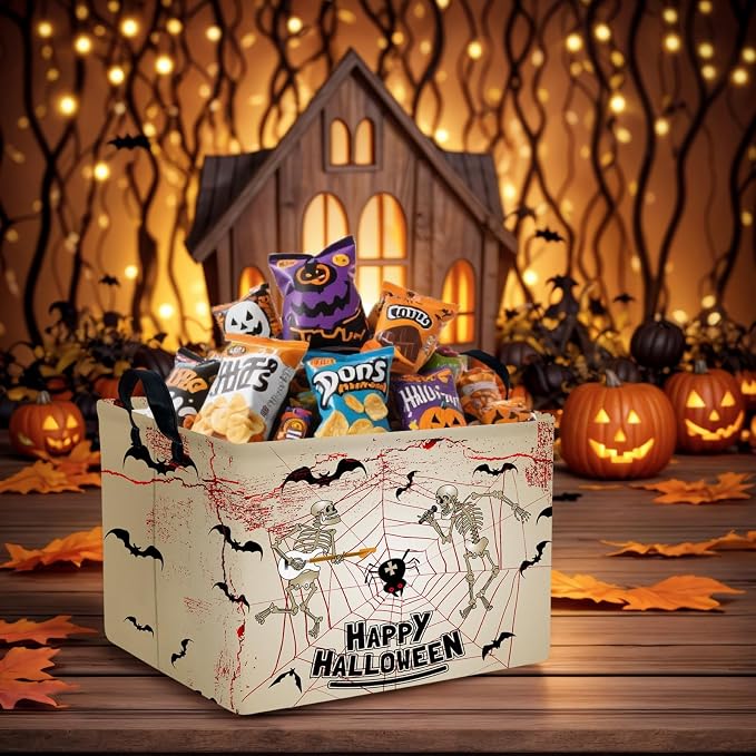 Halloween Basket Gift Terror Ghost Parties Decor Kid Trick or Treat Basket for Boys and Girls Rectangular Storage Bin Box (Skeleton Bat)