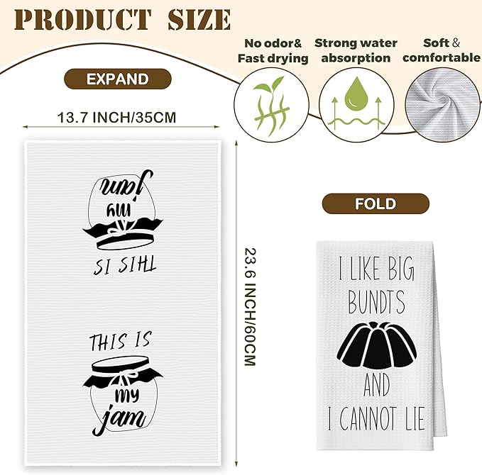 Kitchen Towels Set of 2, Jam and Bundts Dish Towel for Kitchen, Decorative Hand Towels for Bathroom, Fast Drying Tea Towel with Funny Sayings, Housewarming Xmas Gifts for Women Mom -B14
