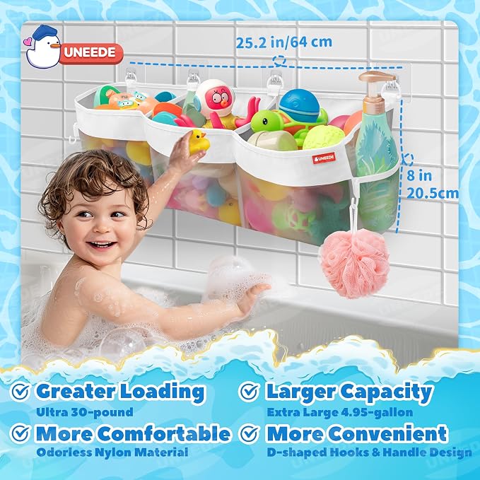 UNEEDE 4.95 Gallons 3 Compartment Horizontal Bath Toy Storage | Bathtub Toy Storage Organizer,Bath Toy Holder For Bathtub,Baby Bath Toy Organizer For Tub,Mesh Shower Caddy(Gray)