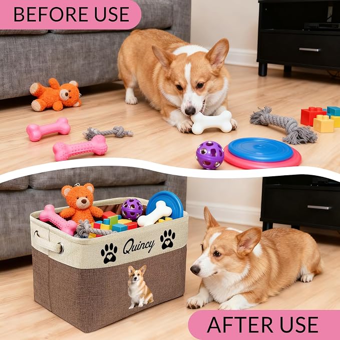 Personalized Dog Toy Basket with Name Photo Custom Dog Food Storage Bins Collapsible Organizer for Toys Dolls Clothing-Purple