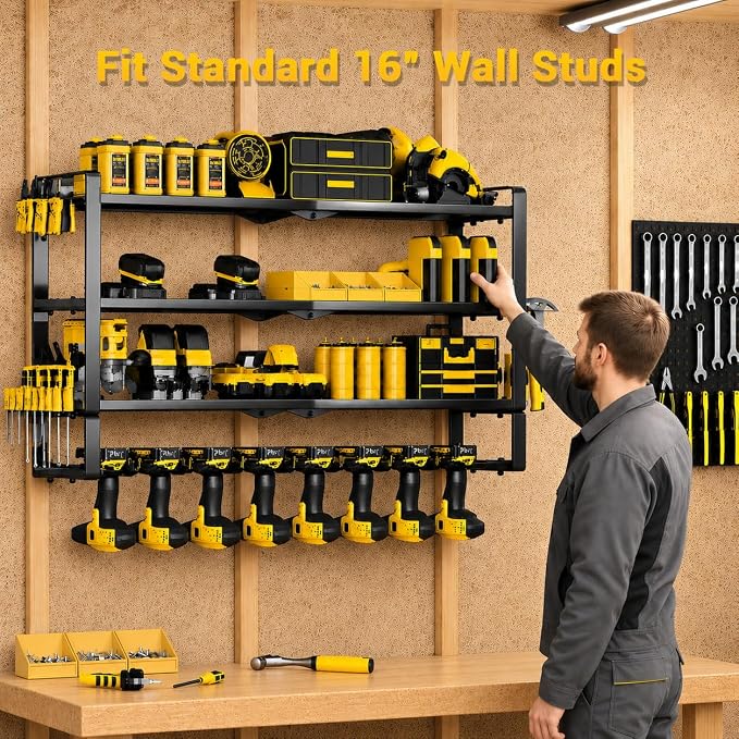 Extra Tall Large Power Tool Organizer Wall Mount ,4 Layers Drill Holders | 8 Cordless Heavy Duty Metal Battery Tool Shelf Loads 400lbs,Tool Storage,Utility Rack For Workshop,Garage,Gifts for Men