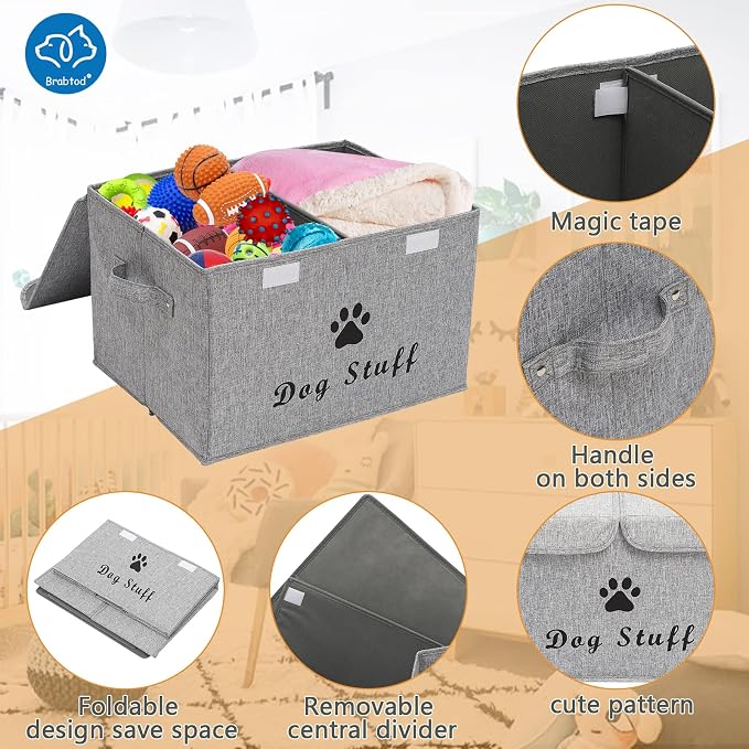 Large Dog Toys Storage Box Canvas Storage Basket Bin Organizer with Lid - Collapsible Linen Bin Ideal for Organizing Dog Cat Toys and pet stuff-PP Boad-17" x 12" x 10" - Snow Gray