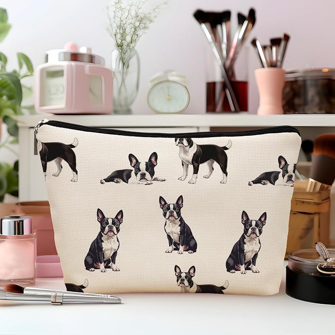 Boston Terrier Dog Makeup Bag, Boston Terrier Lovers Gifts Cosmetic Bag for Women, Dog Mom Lovers Owner Gifts for Women Christmas, Pet Lover Gift Zipper Travel Makeup Pouch for Purse