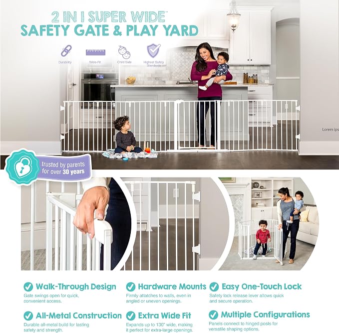 Regalo Safety 56"-130" Metal 2-in-1 Super Wide Baby Gate & Play Yard | Adjustable Playpen, For Doorways & Open Spaces, For Babies, Toddlers & Pets, White, Tested & Trusted for 30 Years