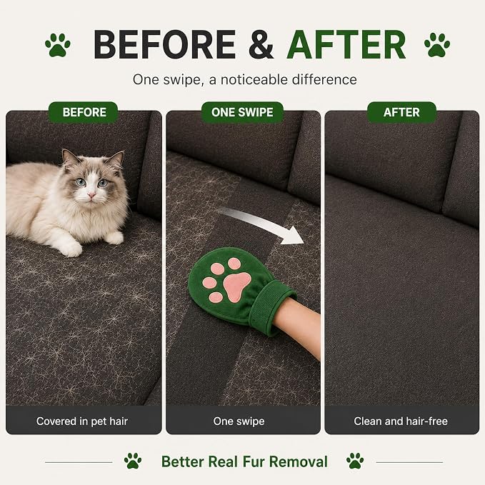 Paw Shape Pet Hair Remover Glove & Fur Storage Bag Set for Cats and Dogs (Green), Washable Pet Hair Remover, Soft Lint Cleaning Glove for Sofa Carpet Bed Clothes