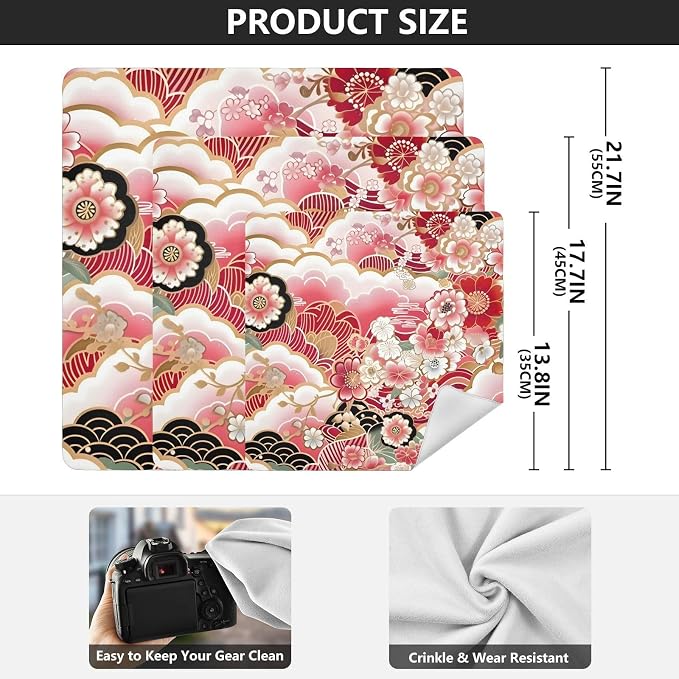 JIPONI Jap Pink Flower Makeup Bag, Self-Adhesive Magic Wrap Cloth, Portable Cosmetic Organizer, Camera Lens Protector, Travel Storage for Beauty Essentials, 21.7"x21.7"