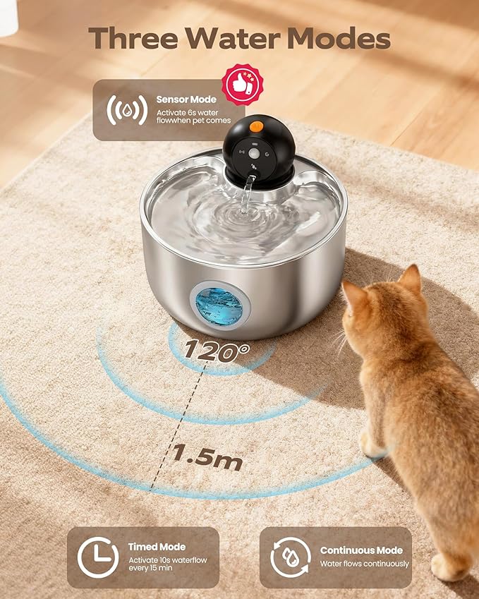 Cordless Cat Water Fountain Wireless: Battery Powered Pet Water Fountains for Cats Indoor with 8 Filters & 8 Sponges - 2.6L Rechargeable Kitty Water Fountain Stainless Steel with Water Level Window