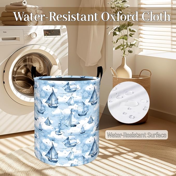 Sailboat Laundry Basket, Vintage Blue Ship Foldable Oxford Cloth, Waterproof Dirty Clothes Hamper with Handles, Clothing Storage Bin Toy Organizer for Bedroom Dorm Bathroom, 19.7"x15.7"