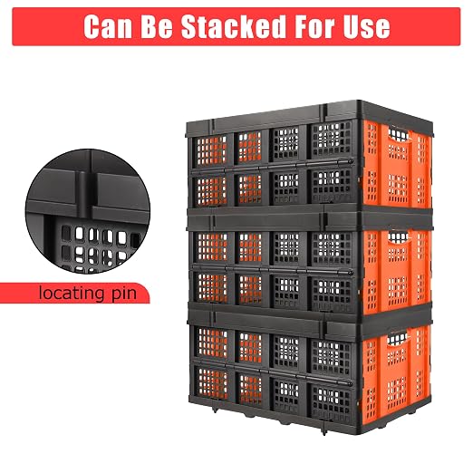 Garvee Collapsible Crate, 55L Foldable Plastic Milk Storage Crate, Orange | Heavy Duty Stackable Plastic Crates Folding Storage Baskets for Groceries, Moving, Camping & Car Storage