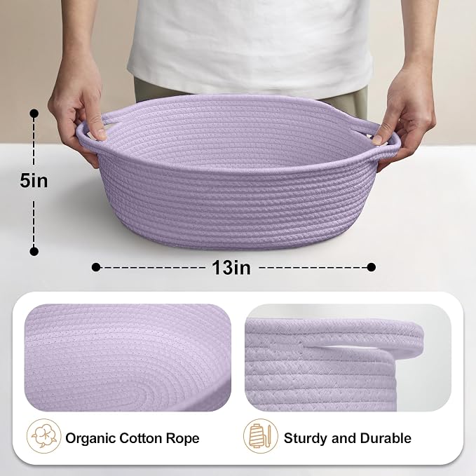 Purple Small Woven Basket, 13” x 9” x 5” Baskets for Gifts Empty, Cotton Rope Gift Basket, Cute Nursery Baby Organizer, Cat Dog Toy Box, Oval Wicker Storage Bin with Handle