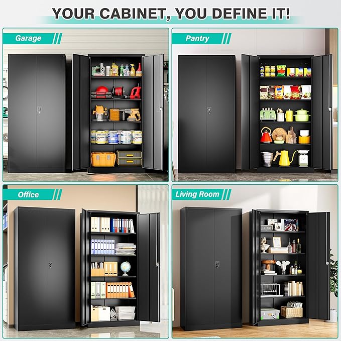 Wide & Deep Metal Storage Cabinet with Lock & 5 Shelves,72" Black Garage Storage Cabinet with Locking Doors,Lockable Cabinets for Home,Office,Garage,Shop,Basement 72x36x18