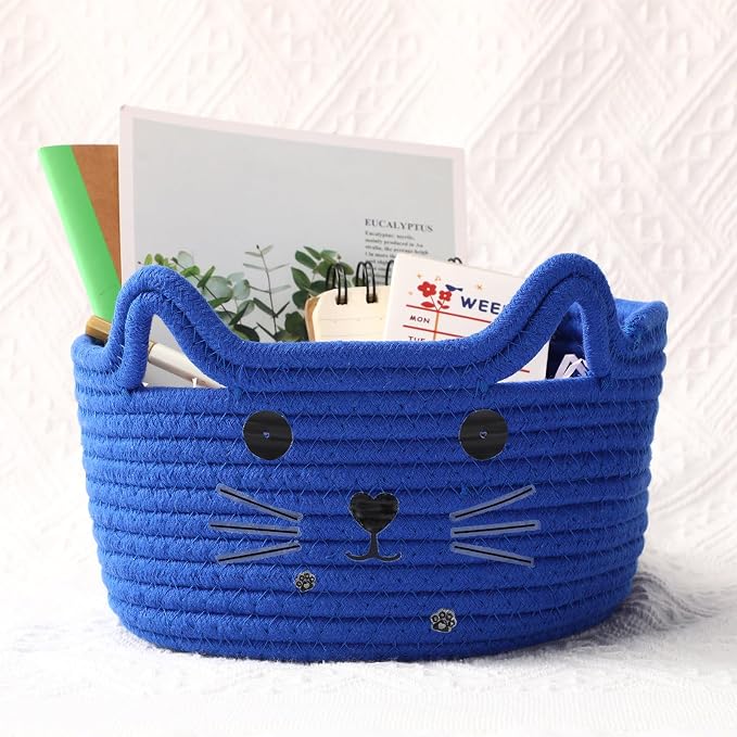 Zopeal Cat Storage Basket Woven Organizer with Ears Decorative Gift Cute Cotton Rope Pet Toy Basket for Gift Cat Dog Toy Bin Nursery Room(8.3 x 4.7 Inch,Royal Blue)
