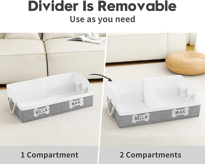 Large Dog Toy Basket, Foldable Dog Toy Bin with Removable Divider & 2 Tags | 61L Dog Toy Capacity, 2-Zone Sorting, Low-Front Pet Access, DIY Tags & Marker, Reinforced Structure, Trapezoid Dog Toy Box