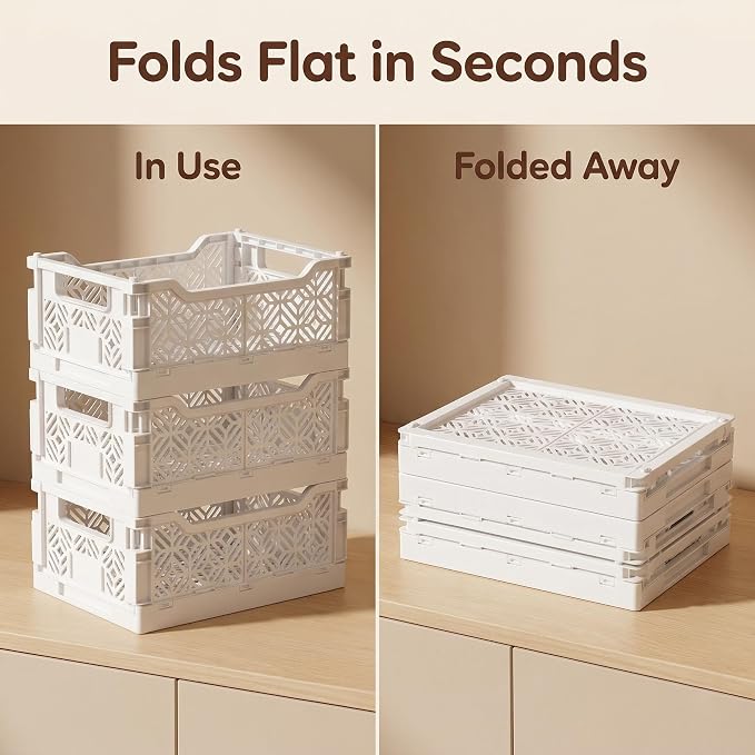6 Pack Collapsible Storage Bins, White Plastic Crates for Storage with Label Slot,Stackable Plastic Storage Bins for Home Office Shelves Closet Kitchen,Space Saving for Daily Supplies（12.2"x8.3"x4.7")