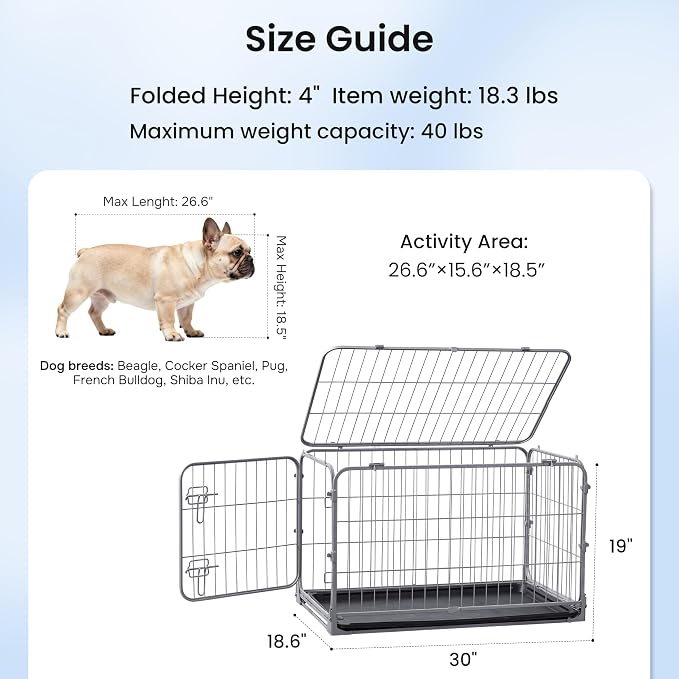 ZOMISIA Collapsible Dog Crate for Small Dogs - 30 inch Escape Proof Metal Dog Kennel with Double Door, Easy Assembly Foldable Dog Cage with Removable Tray, Indoor Outdoor Use, Silver Gray
