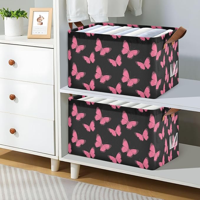 Retro Pink Butterfly Hot Pink and Black Storage Bins for Shelves with Labels&Handles Fabric Organizer Bin Foldable Rectangle Storage Basket Boxes for Closet, Bathroom, Home, Living Room