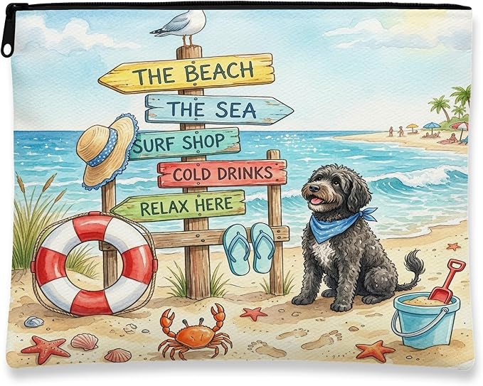 Portuguese Water Dog Makeup Bag, Cute Coastal Beach Seaside Cosmetic Travel Pouch for Women, Gifts for Girls, Pet Portable Small Canvas Zipper Organizer 7x9 Inch