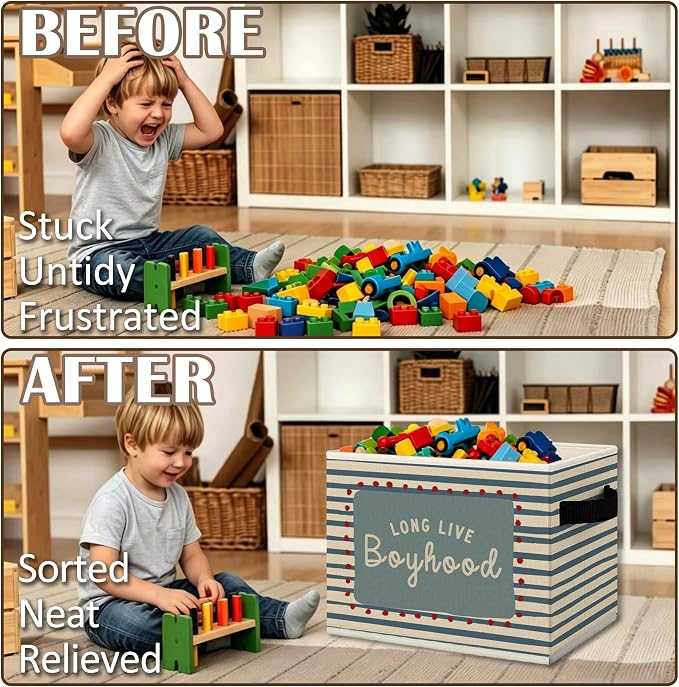 Boy Nursery Cube Storage Bins with Handles, Long Live Boyhood Blue Striped Collapsible Fabric Storage Basket Boxes Books Clothes Organizer for Kids Boys Room Bedroom Playroom Bathroom