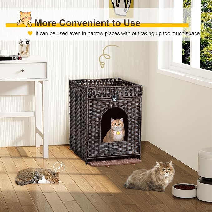 Snughome Cat Litter Box Enclosure Furniture Hidden with Litter Mat, Hidden Cat Washroom Furniture with Door, Handwoven Rattan Cat Washroom Box, Indoor Pet House for Living Room, Bedroom (Brown)