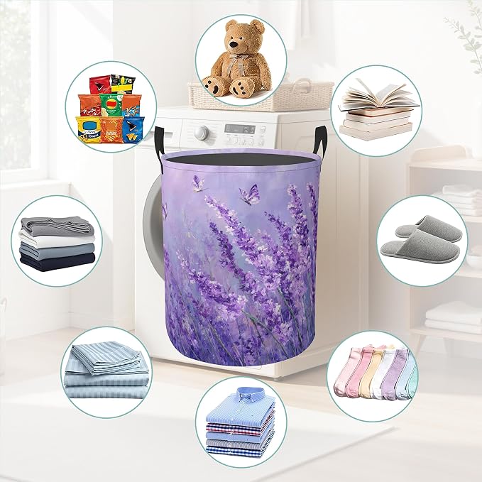 Purple Lavender Round Laundry Basket Collapsible Laundry Hamper with Handles Toys Clothes Organizer Bin For Home Bathroom Bedroom Dorm Nursery