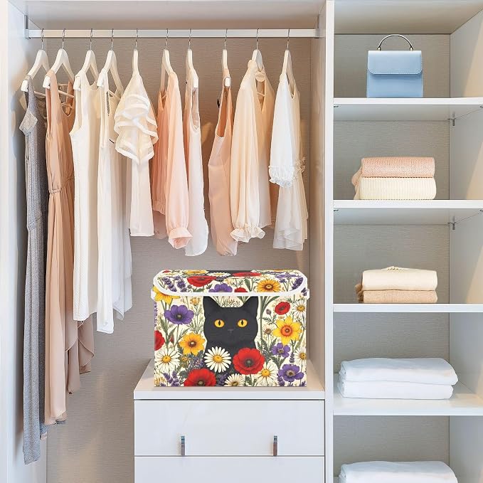 Fabric Storage Bins with Lid Cat Floral Garden Closet Storage Basket 40L | Foldable & Stackable, Flip Top Dust Guard, Reinforced Handles, Home & Bedroom, Clothes & Toys, Oxford Print Basket