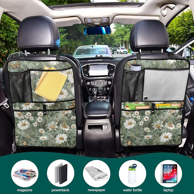 2 Pack Back Seat Car Organizer with Storage Pockets Kick Mats Back Seat Protector Hanging Car Organizer Automotive Seat Back Cover Organizers Summer Daisy Butterfly Green