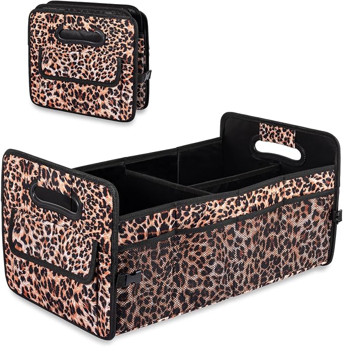 Car Trunk Organizer, Collapsible Car Organizers Storage Large Leopard Print | Sturdy, Strong Capacity, Clean Decor, Multi Compartment Container Box, Adjustable Car Accessories for SUV Sedan Truck