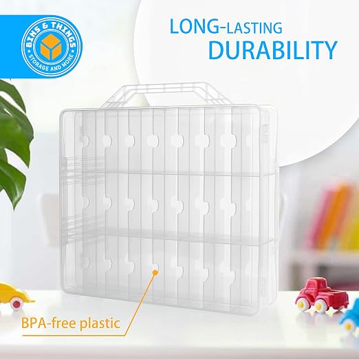 Bins & Things Hot Wheels Display Case and Toy Car Storage Organizer, Double sided 48 - Multi Compartment Plastic Car Toy Organizer Compatible with Lego, LOL Surprise Matchbox cars storage case - Blue