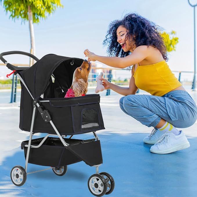 FDW | 3-Wheel Foldable Pet Stroller | Black | Lightweight & Portable | Travel Carrier with Mesh Windows, Storage Basket, Safety Brakes, Washable Liner and Waterproof Fabric | For Small Dogs & Cats