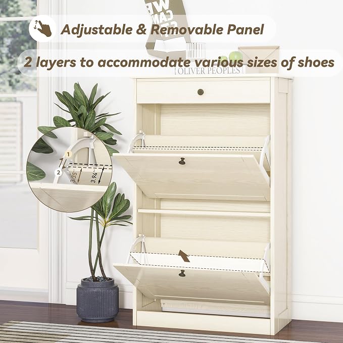 Wooden Shoe Rack with 2 Flip Drawers, Entryway Shoe Storage Cabinet | Freestanding Modern Shoe Organizer with Adjustable Shelves, Small Closed Shoe Rack Cabinet for Front Door Entrance,Light Oak