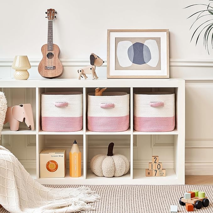 R RUNKA Storage Cube Baskets for Organizing 11 inch-3 Pack- Square Baskets for Cube Storage, Closet Storage Bins - Woven Cube Storage Bins for Shelves- Cube Drawer- Ideal for Toy Storage White & Pink