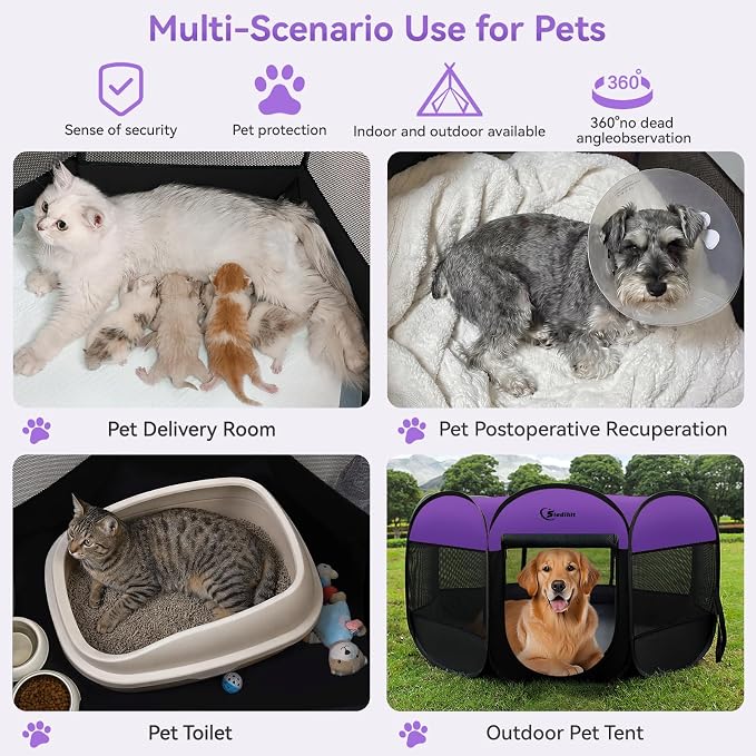 Siedihit Large Dog Playpen, Puppy Pet Playpen Indoor, Dogs Tent Crates Cage | Indoor/Outdoor, Portable Pop Up Dog Kennel Playpen with Carrying Case for Dogs/Cats/Rabbits, Purple