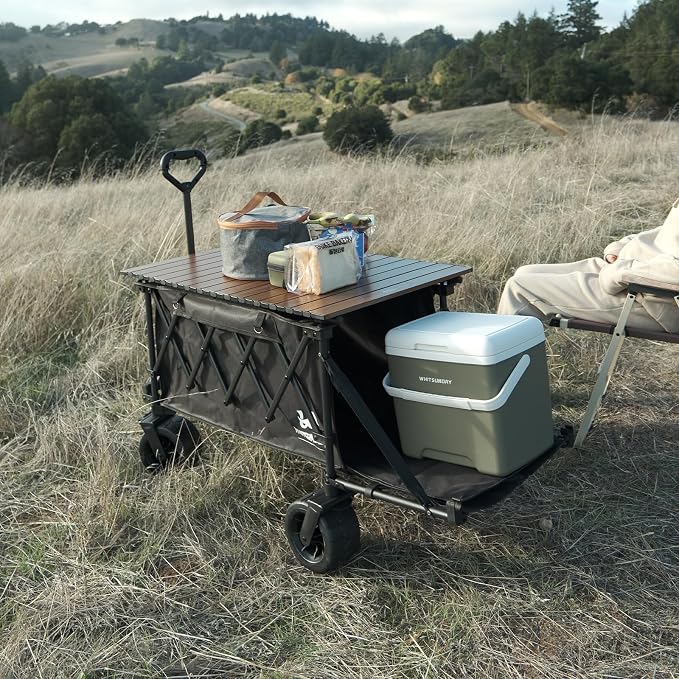 Whitsunday Collapsible Folding Wagon with Table,Heavy Duty Utility Beach Wagons with Opened Tailgate and All-Terrain Wheels for Camping,Garden,Sports Beige