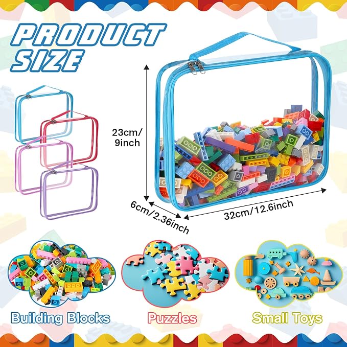 Sanwuta 6 Packs Toy Storage Bags with Zipper,Large,Cute Colors | Clear Waterproof Games Storage， Large Portable PVC Container， Reusable Organizer for Board Games, Building Blocks, Puzzles