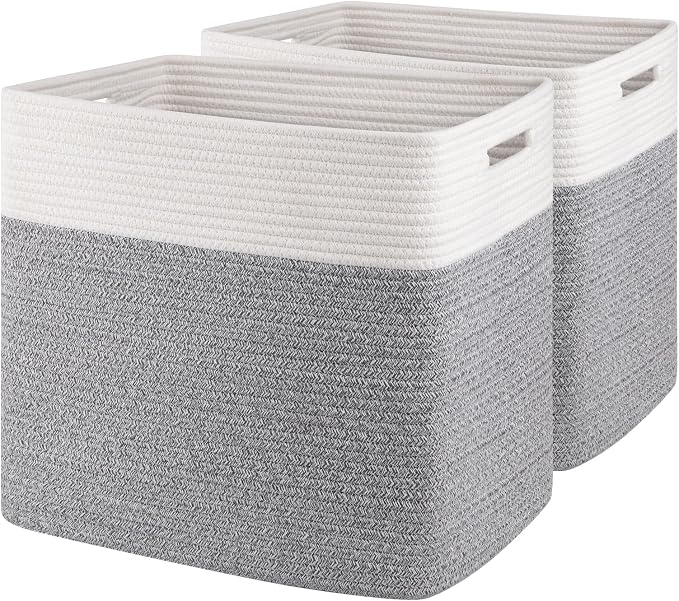 OIAHOMY 2 PACK Tall Storage baskets 55L Blanket Basket Living Room Grey | Large Collapsible Storage Bins Narrow Basket Baskets for Closet Organization Storage Baskets for Shelves Toy Storage Basket