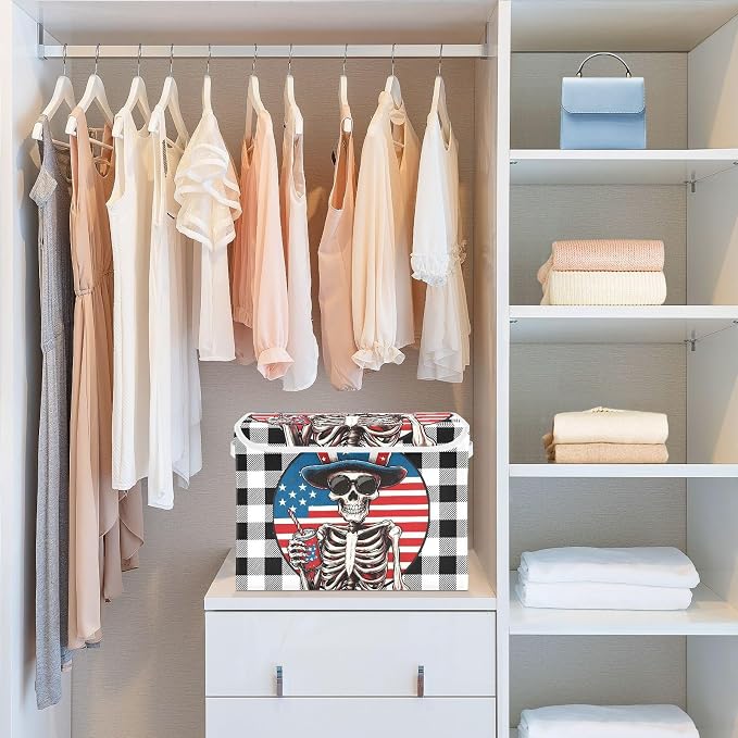 Fabric Storage Bins with Lid America Skull Closet Storage Basket 40L | Decorative Storage Boxes, Foldable & Stackable, Dust-Proof Flip Top, Reinforced Handles, For Home & Dorm, Clothes & Toy Box